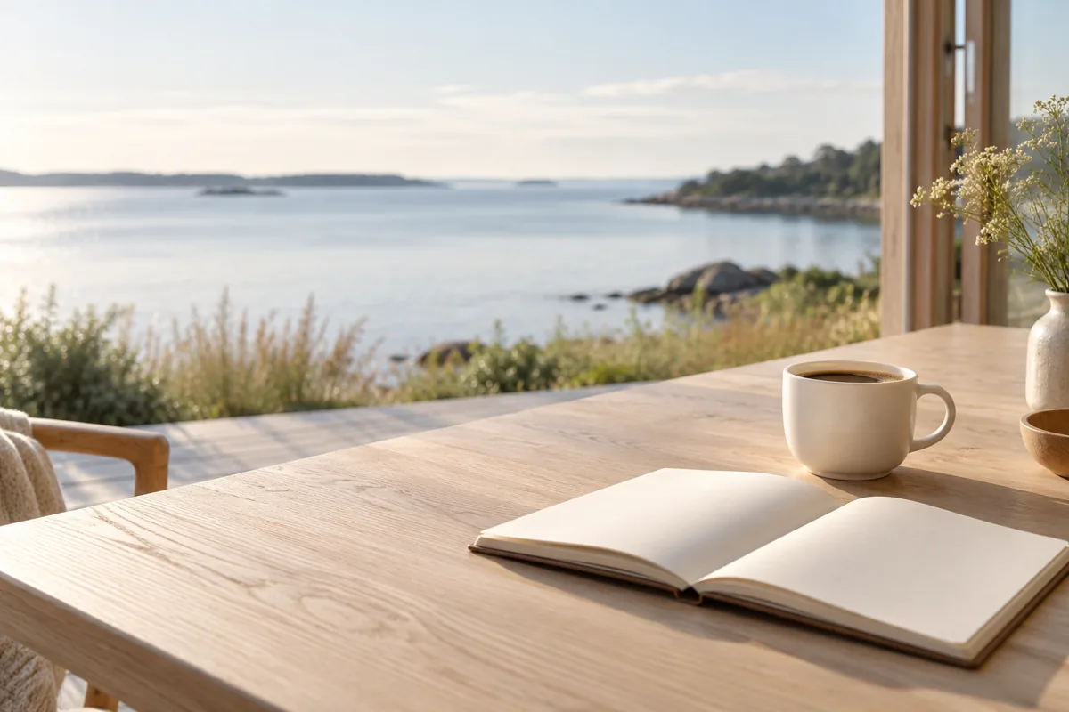 Notesbog og kaffe med udsigt til vandet