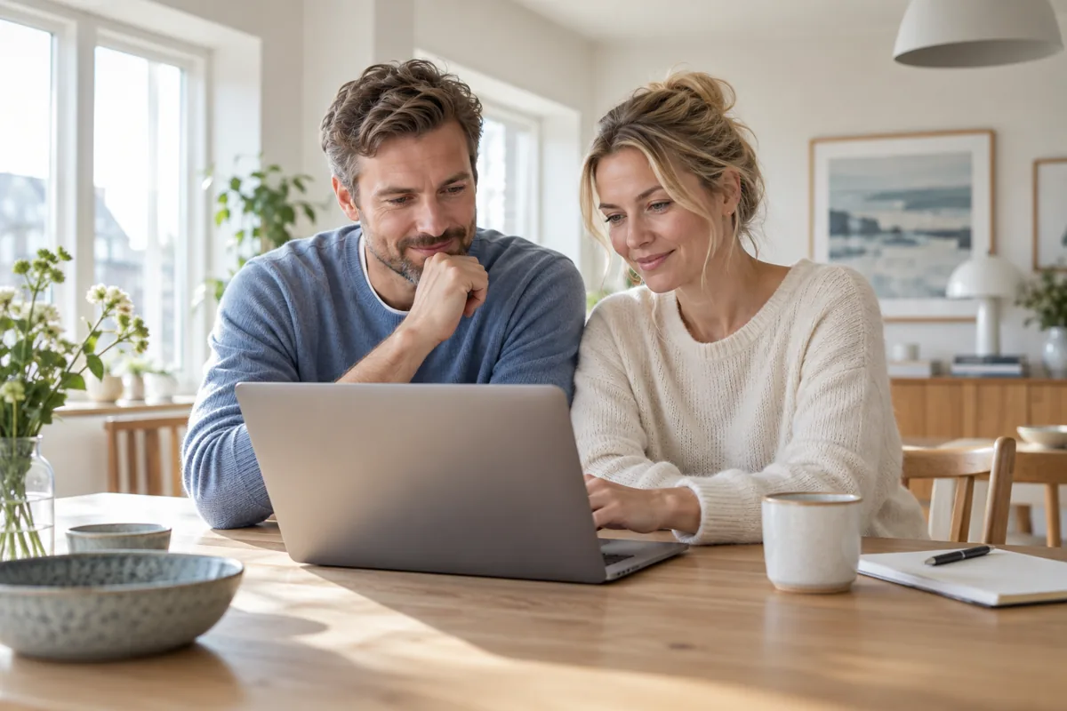 Par der gennemgår oplysninger sammen ved en laptop
